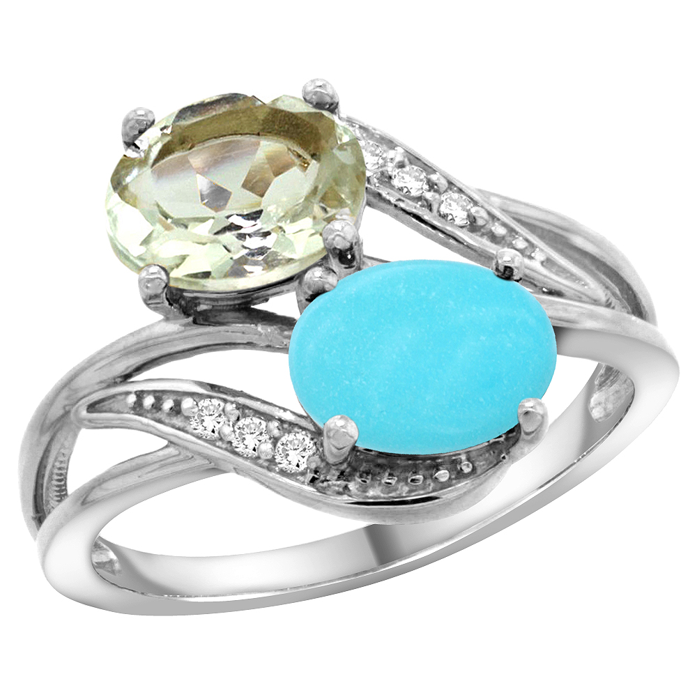 14K White Gold Diamond Natural Green Amethyst &amp; Turquoise 2-stone Ring Oval 8x6mm, sizes 5 - 10