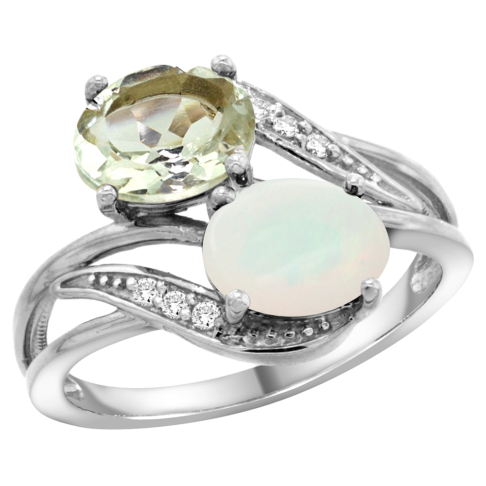 14K White Gold Diamond Natural Green Amethyst &amp; Opal 2-stone Ring Oval 8x6mm, sizes 5 - 10