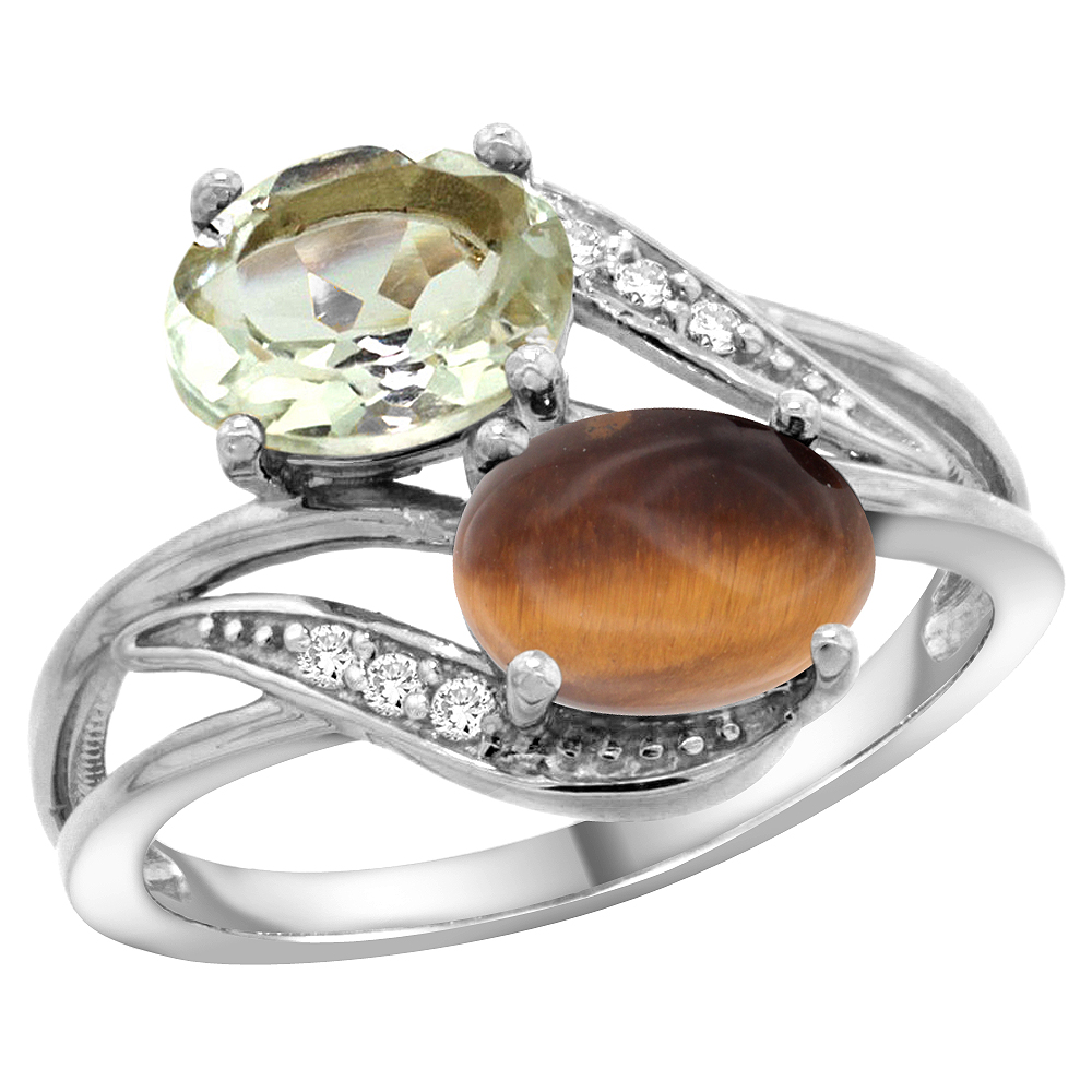 14K WHITE GOLD DIAMOND NATURAL GREEN AMETHYST & TIGER EYE 2-STONE RING OVAL 8X6MM, SIZES 5 - 10