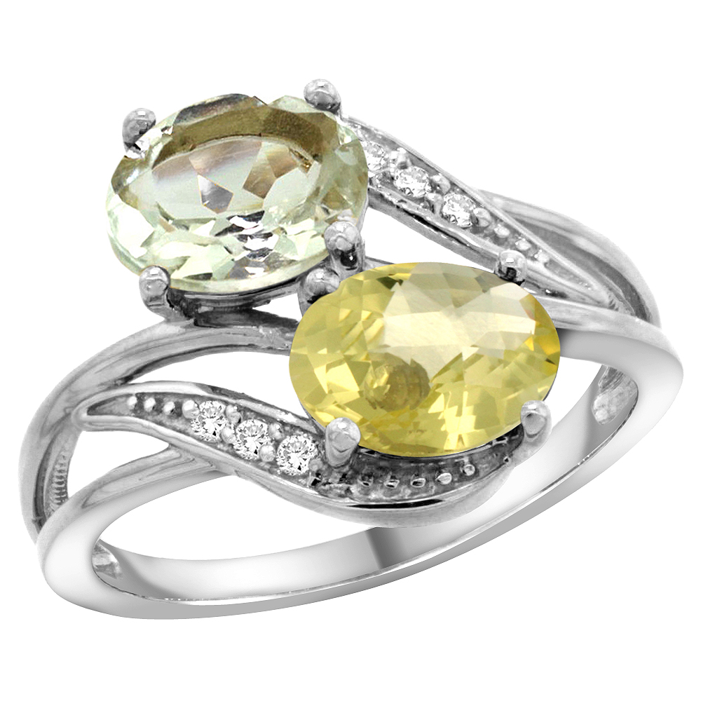 14K White Gold Diamond Natural Green Amethyst & Lemon Quartz 2-stone Ring Oval 8x6mm, sizes 5 - 10