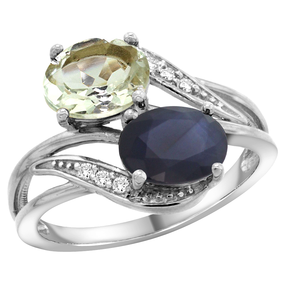 14K WHITE GOLD DIAMOND NATURAL GREEN AMETHYST & AUSTRALIAN SAPPHIRE 2-STONE RING OVAL 8X6MM, SIZES 5 - 10