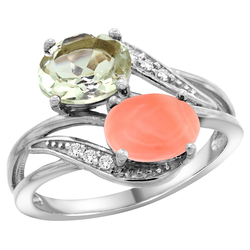 14K White Gold Diamond Natural Green Amethyst & Coral 2-stone Ring Oval 8x6mm, sizes 5 - 10