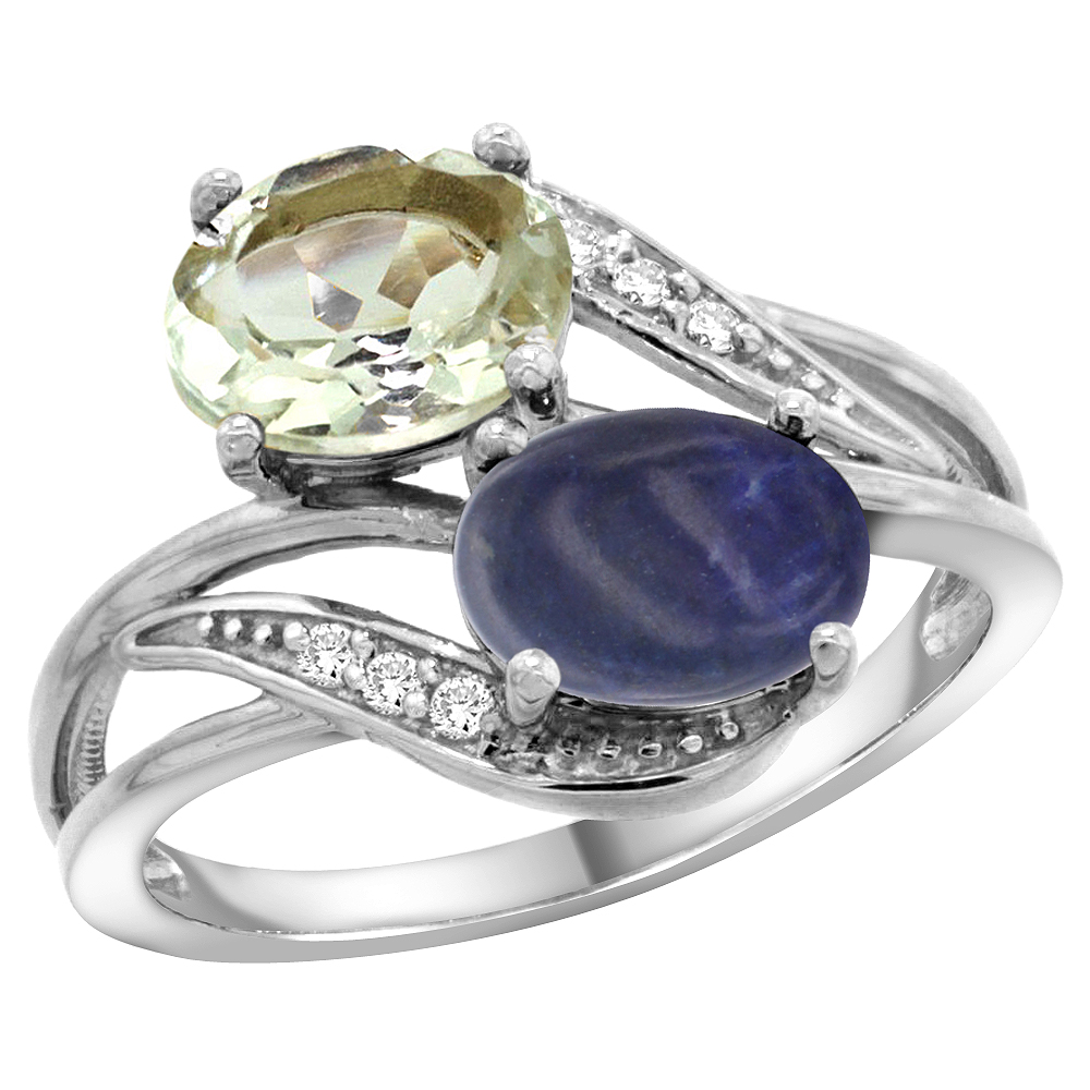14K WHITE GOLD DIAMOND NATURAL GREEN AMETHYST & LAPIS 2-STONE RING OVAL 8X6MM, SIZES 5 - 10