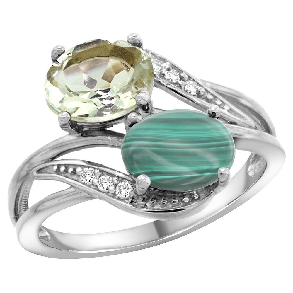14K WHITE GOLD DIAMOND NATURAL GREEN AMETHYST & MALACHITE 2-STONE RING OVAL 8X6MM, SIZES 5 - 10