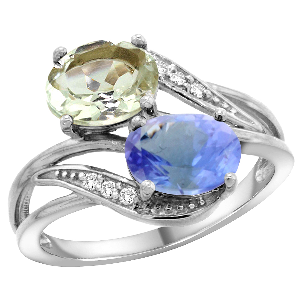 14K WHITE GOLD DIAMOND NATURAL GREEN AMETHYST & TANZANITE 2-STONE RING OVAL 8X6MM, SIZES 5 - 10