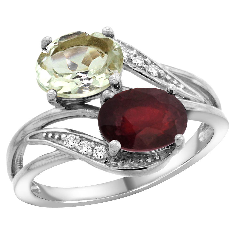 10K White Gold Diamond Natural Green Amethyst & Quality Ruby 2-stone Mothers Ring Oval 8x6mm, size 5 - 10
