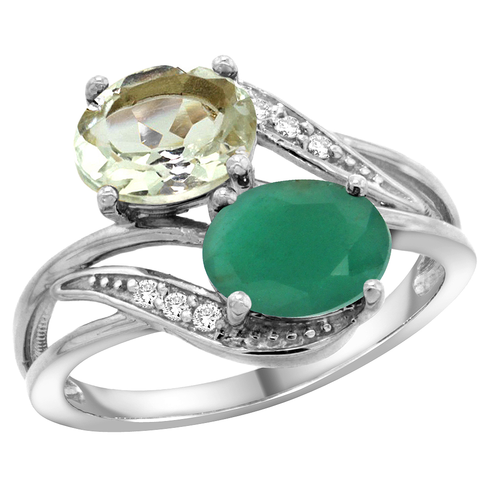 14K WHITE GOLD DIAMOND NATURAL GREEN AMETHYST & QUALITY EMERALD 2-STONE MOTHERS RING OVAL 8X6MM,SIZE5-10