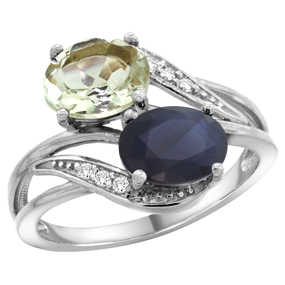 14K White Gold Diamond Natural Green Amethyst & Quality Blue Sapphire 2-stone Ring Oval 8x6mm, size 5-10