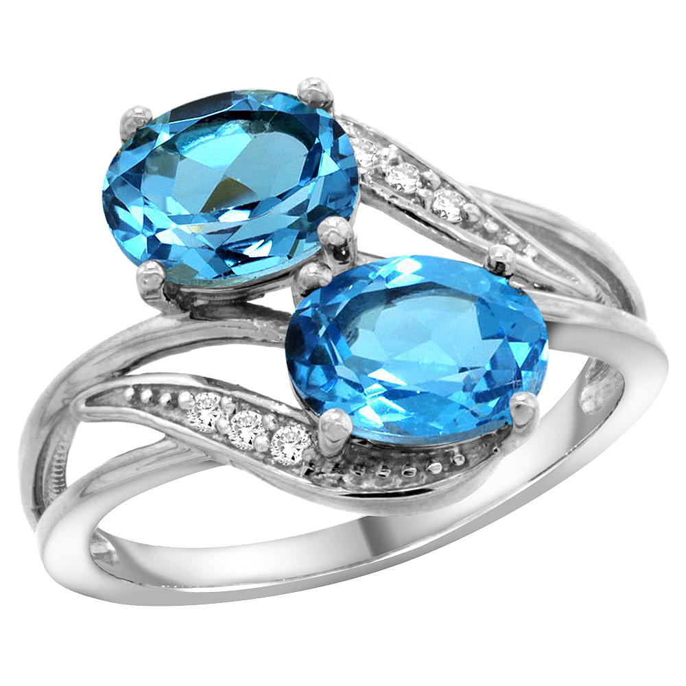 14K White Gold Diamond Natural Swiss Blue Topaz 2-stone Ring Oval 8x6mm, sizes 5 - 10