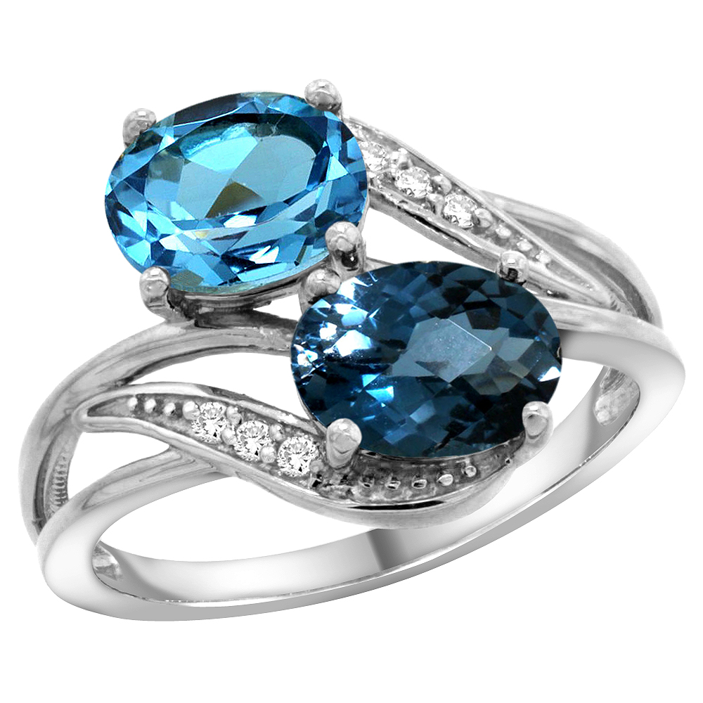 14K White Gold Diamond Natural Swiss &amp; London Blue Topaz 2-stone Ring Oval 8x6mm, sizes 5 - 10