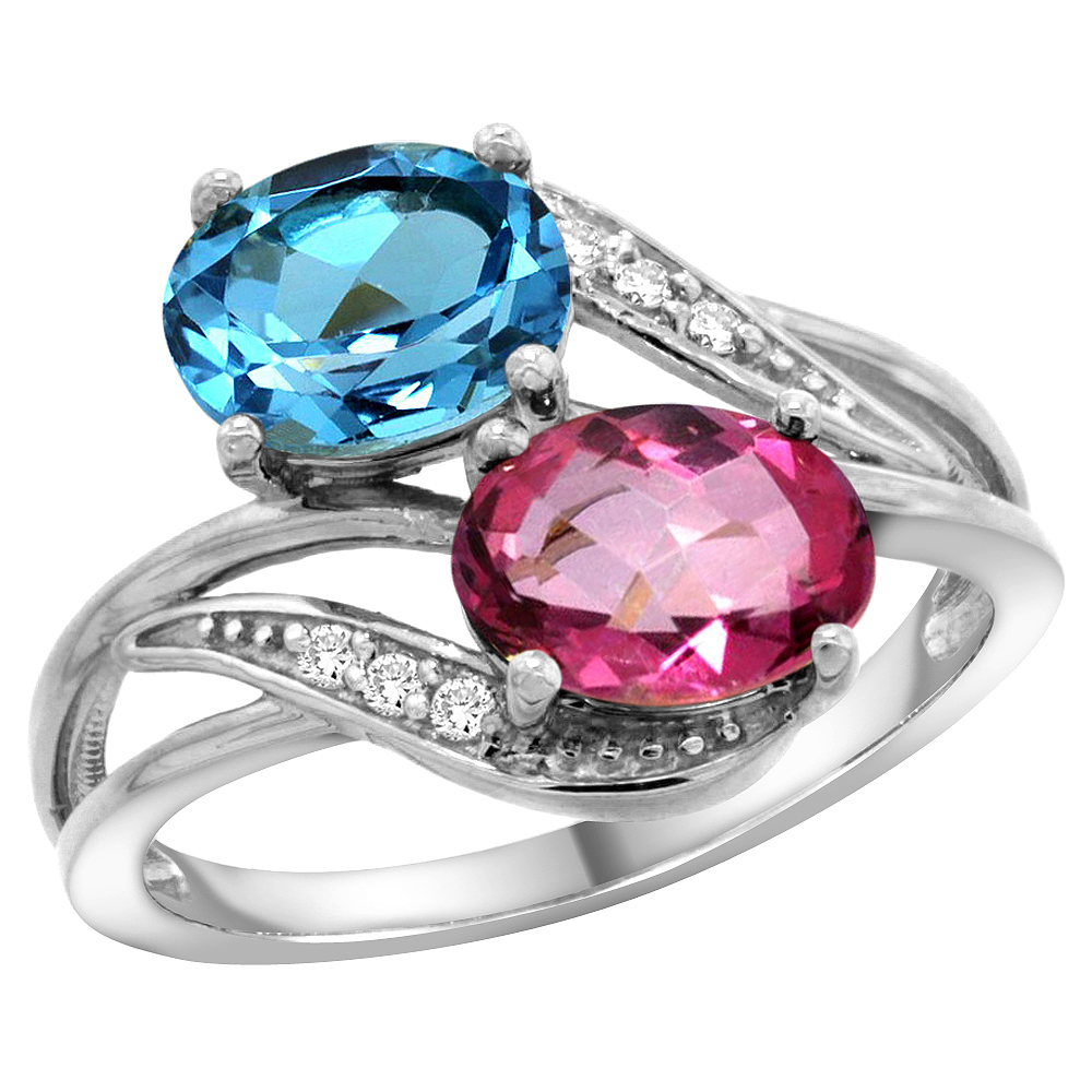 14K White Gold Diamond Natural Swiss Blue & Pink Topaz 2-stone Ring Oval 8x6mm, sizes 5 - 10