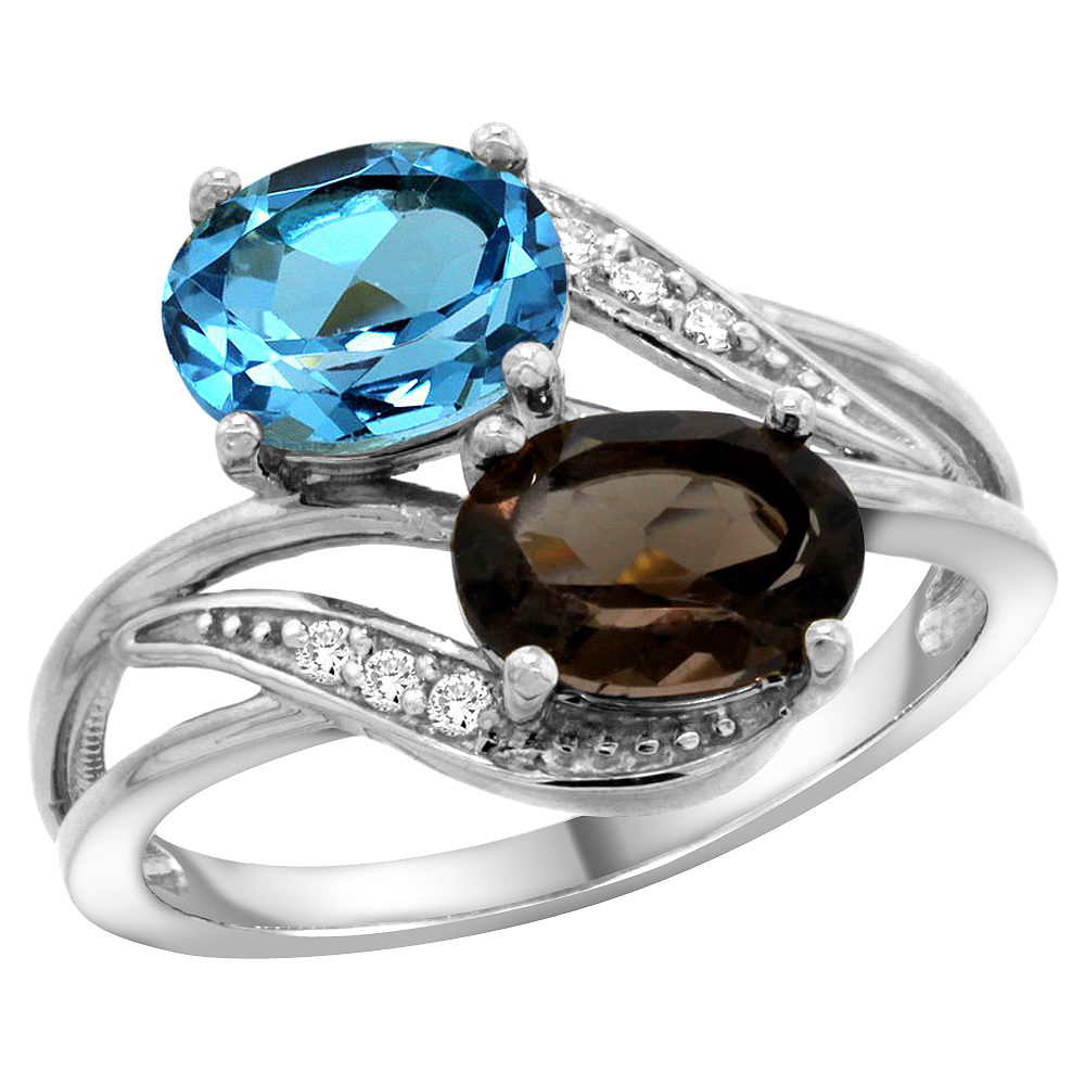 14K WHITE GOLD DIAMOND NATURAL SWISS BLUE & SMOKY TOPAZ 2-STONE RING OVAL 8X6MM, SIZES 5 - 10