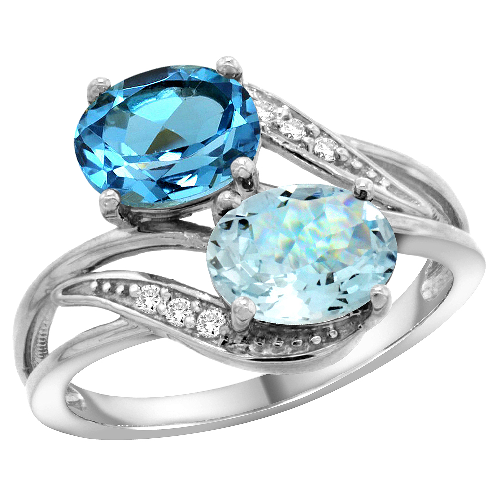 14K White Gold Diamond Natural Swiss Blue Topaz &amp; Aquamarine 2-stone Ring Oval 8x6mm, sizes 5 - 10