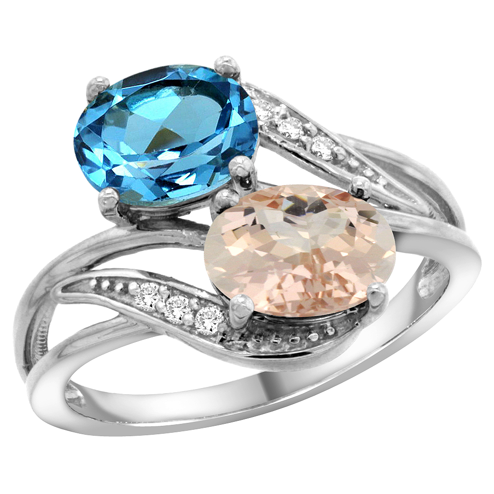 14K White Gold Diamond Natural Swiss Blue Topaz &amp; Morganite 2-stone Ring Oval 8x6mm, sizes 5 - 10