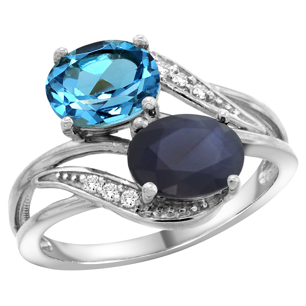14K White Gold Diamond Natural Swiss Blue Topaz &amp; Blue Sapphire 2-stone Ring Oval 8x6mm, sizes 5 - 10
