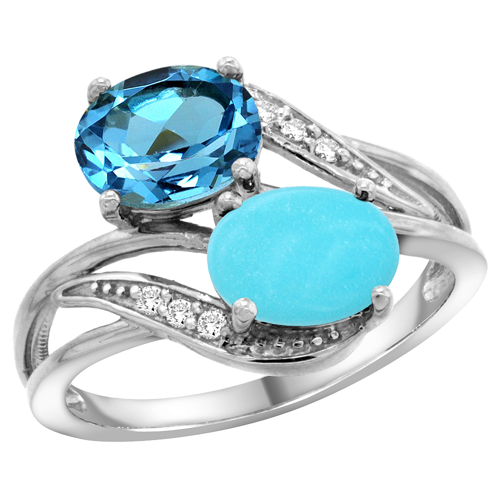 14K WHITE GOLD DIAMOND NATURAL SWISS BLUE TOPAZ & TURQUOISE 2-STONE RING OVAL 8X6MM, SIZES 5 - 10