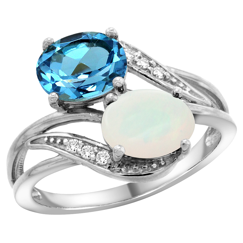 14K WHITE GOLD DIAMOND NATURAL SWISS BLUE TOPAZ & OPAL 2-STONE RING OVAL 8X6MM, SIZES 5 - 10