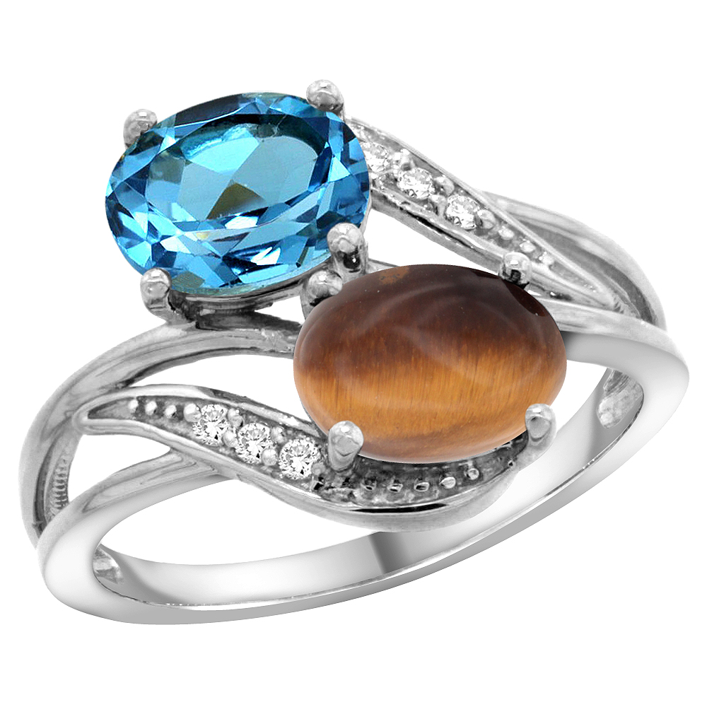 14K WHITE GOLD DIAMOND NATURAL SWISS BLUE TOPAZ & TIGER EYE 2-STONE RING OVAL 8X6MM, SIZES 5 - 10