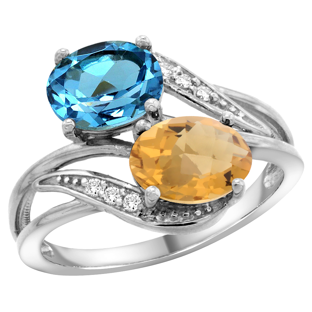 14K WHITE GOLD DIAMOND NATURAL SWISS BLUE TOPAZ & WHISKY QUARTZ 2-STONE RING OVAL 8X6MM, SIZES 5 - 10