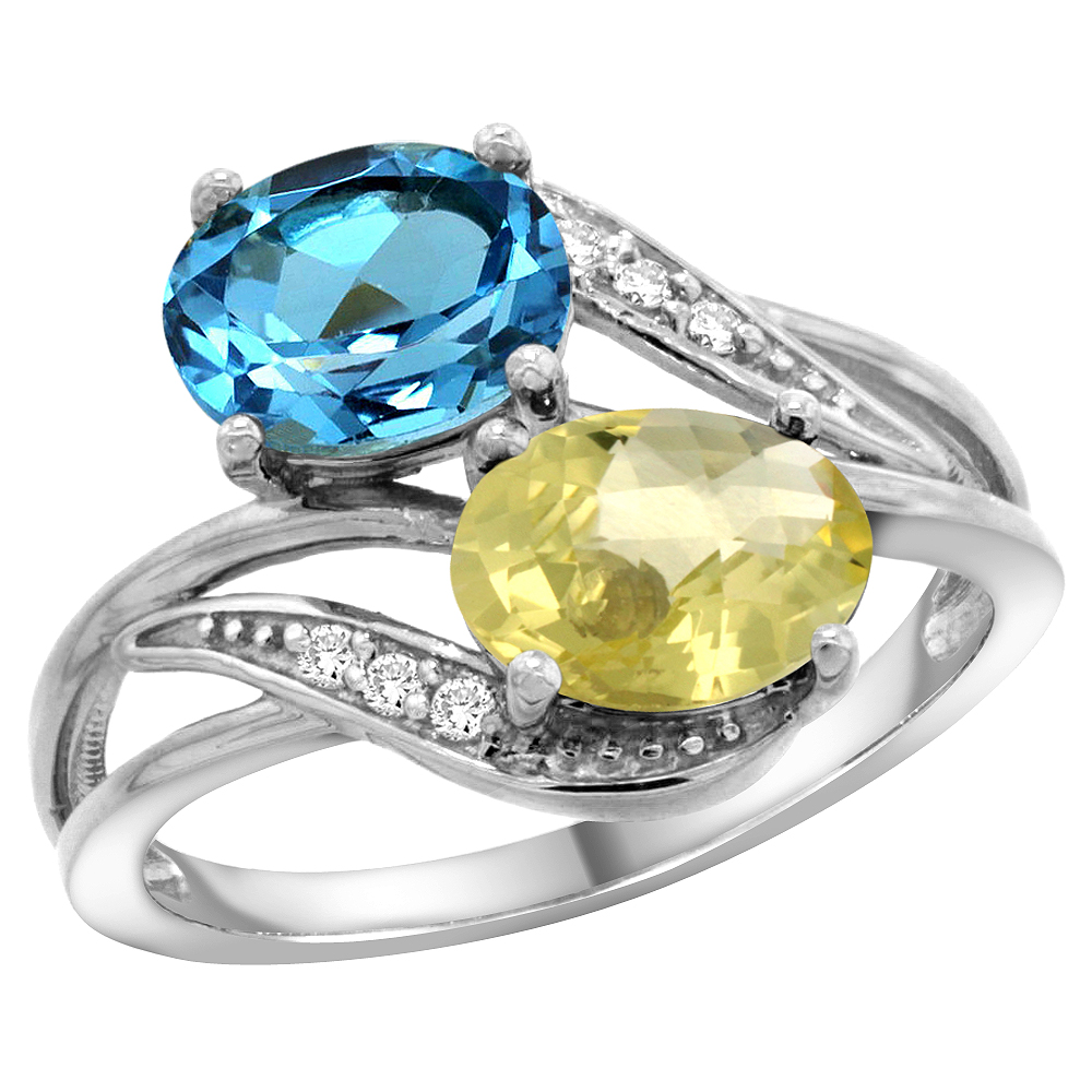 14K WHITE GOLD DIAMOND NATURAL SWISS BLUE TOPAZ & LEMON QUARTZ 2-STONE RING OVAL 8X6MM, SIZES 5 - 10