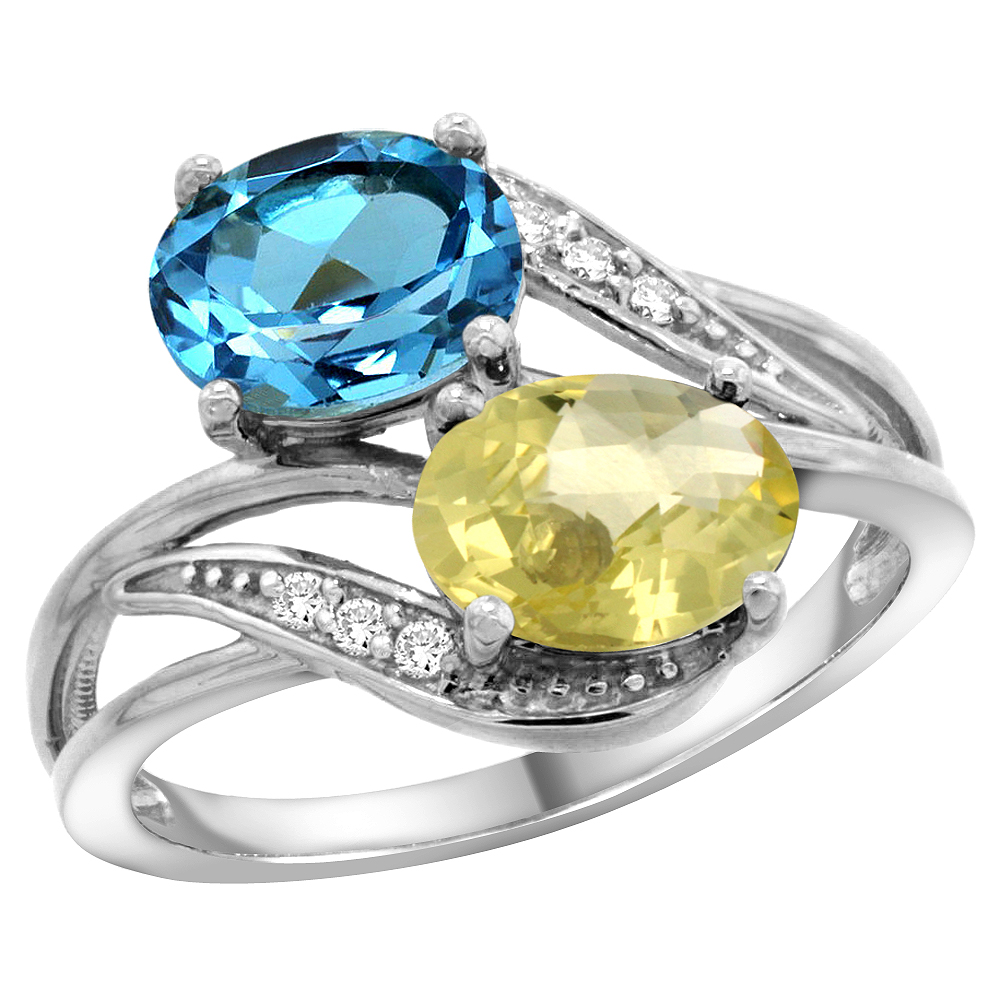 14K White Gold Diamond Natural Swiss Blue Topaz &amp; Lemon Quartz 2-stone Ring Oval 8x6mm, sizes 5 - 10