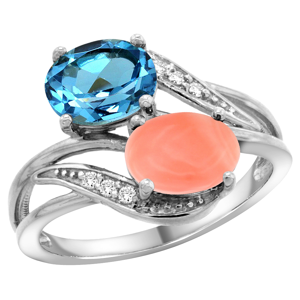 14K White Gold Diamond Natural Swiss Blue Topaz &amp; Coral 2-stone Ring Oval 8x6mm, sizes 5 - 10
