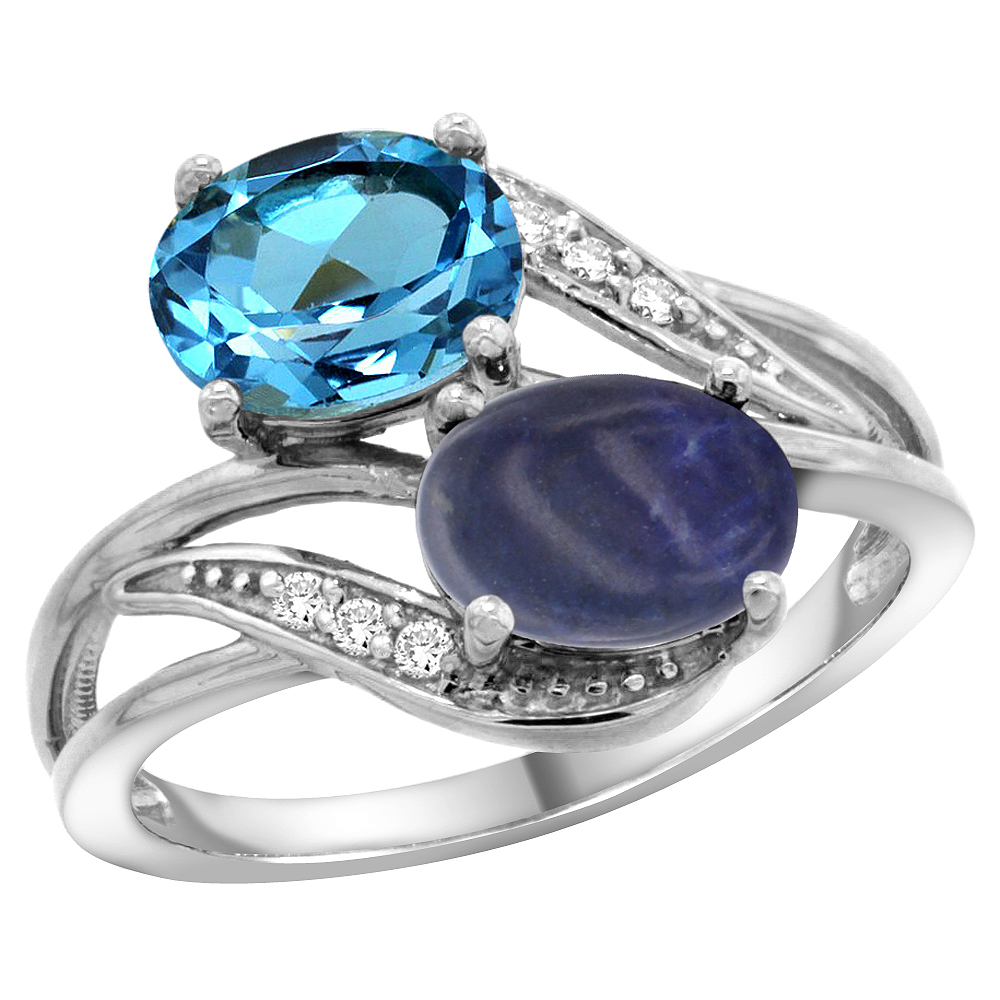 14K WHITE GOLD DIAMOND NATURAL SWISS BLUE TOPAZ & LAPIS 2-STONE RING OVAL 8X6MM, SIZES 5 - 10