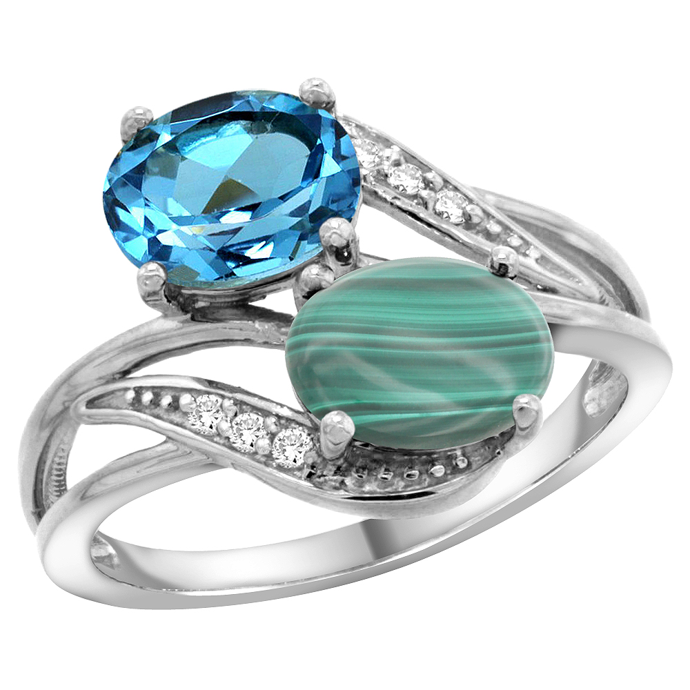 14K WHITE GOLD DIAMOND NATURAL SWISS BLUE TOPAZ & MALACHITE 2-STONE RING OVAL 8X6MM, SIZES 5 - 10