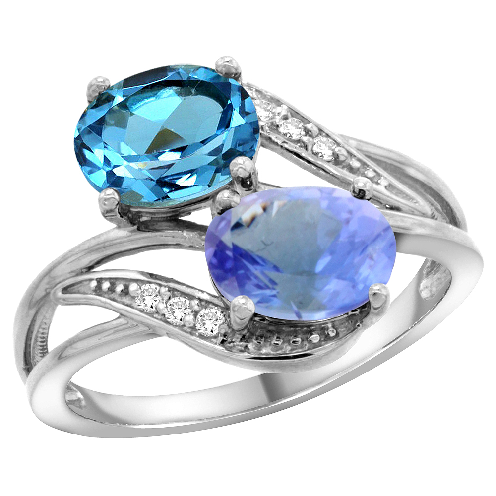 14K WHITE GOLD DIAMOND NATURAL SWISS BLUE TOPAZ & TANZANITE 2-STONE RING OVAL 8X6MM, SIZES 5 - 10