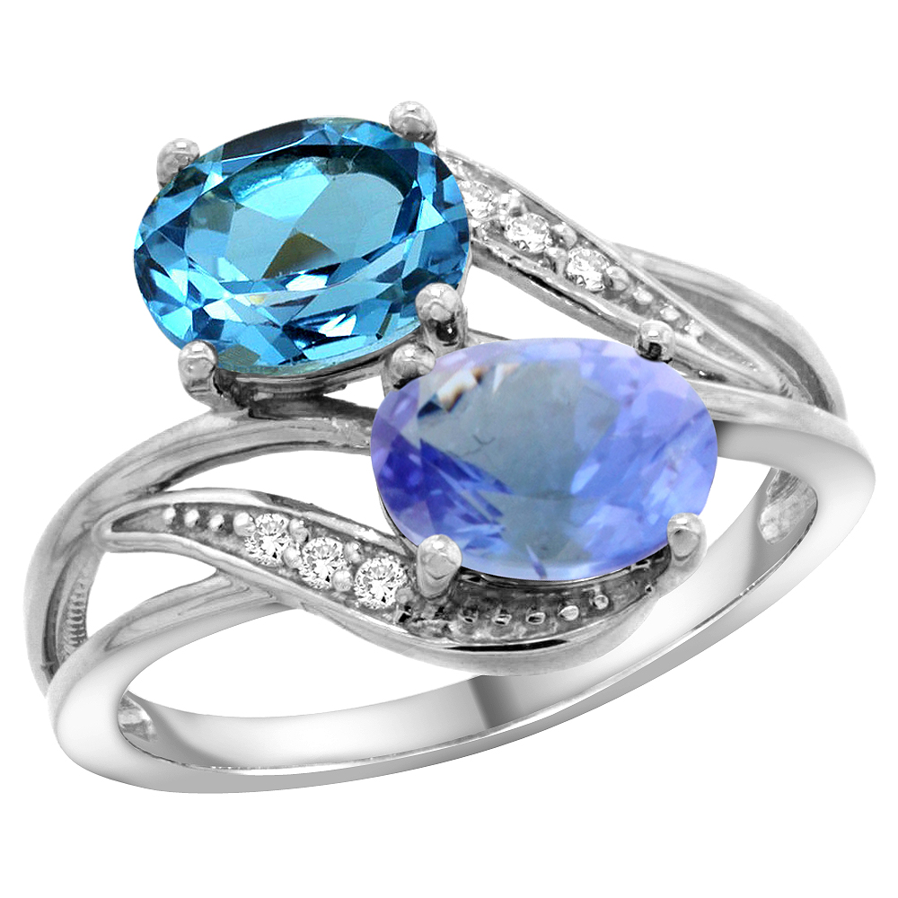 14K White Gold Diamond Natural Swiss Blue Topaz & Tanzanite 2-stone Ring Oval 8x6mm, sizes 5 - 10