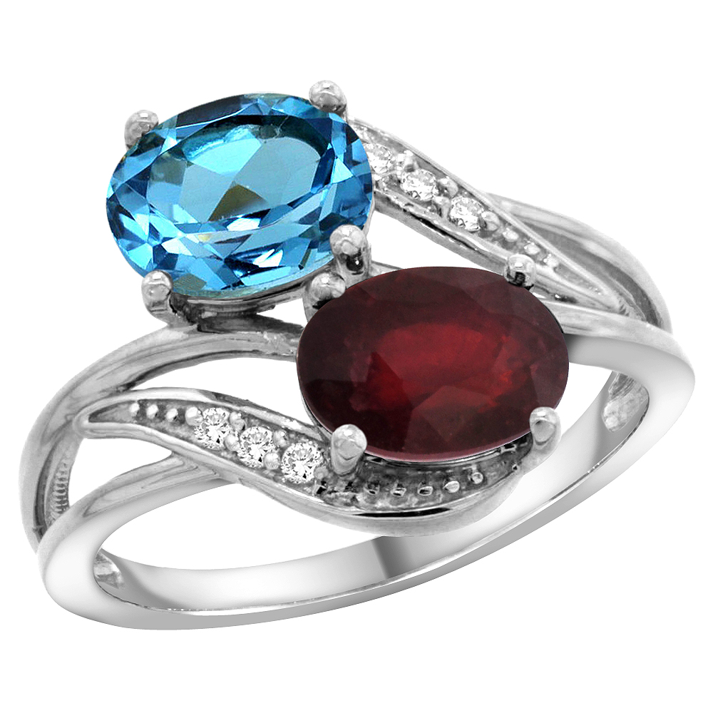 14K WHITE GOLD DIAMOND NATURAL SWISS BLUE TOPAZ & QUALITY RUBY 2-STONE MOTHERS RING OVAL 8X6MM, SZ 5 - 10