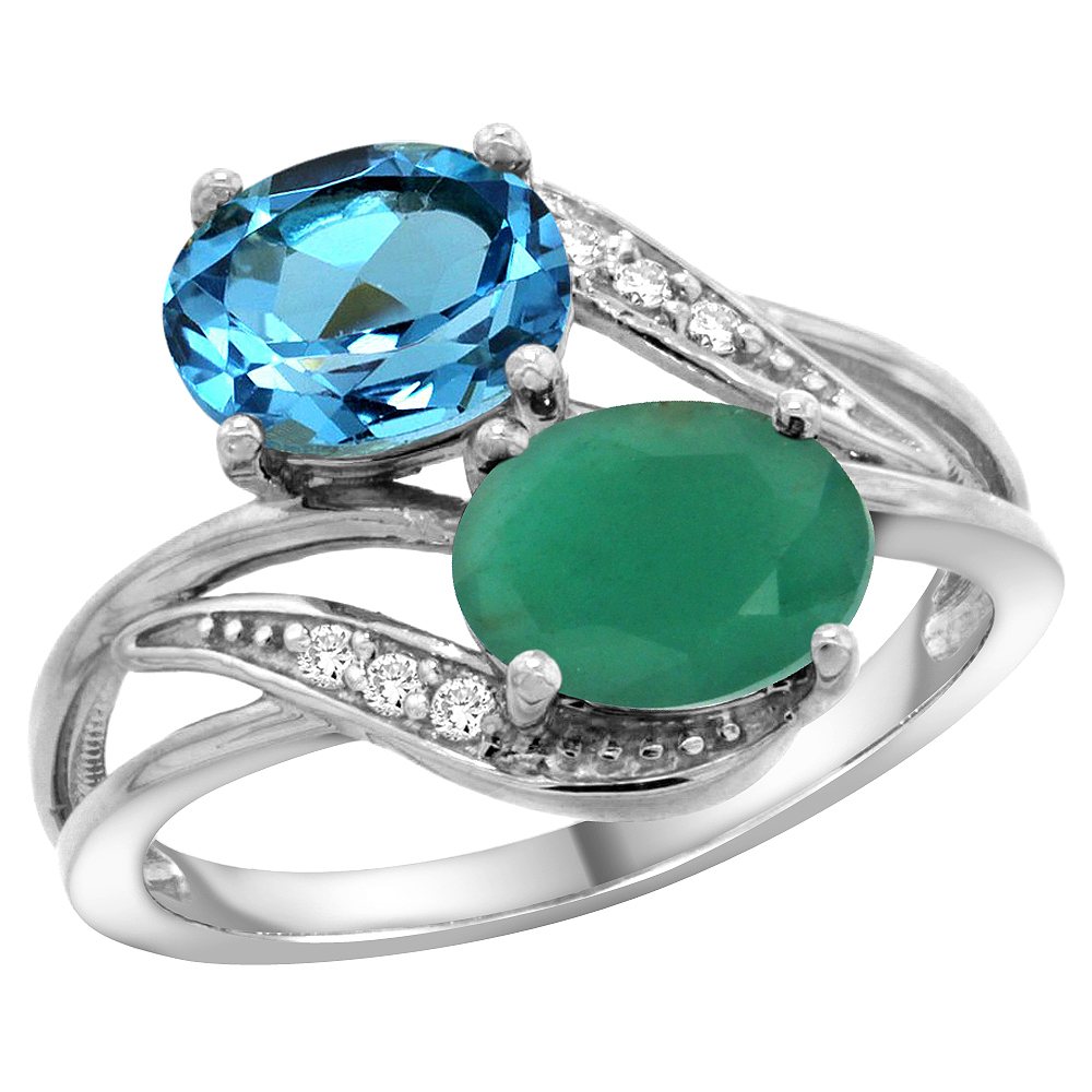 14K WHITE GOLD DIAMOND NATURAL SWISS BLUE TOPAZ & QUALITY EMERALD 2-STONE MOTHERS RING OVAL 8X6MM,SZ5-10