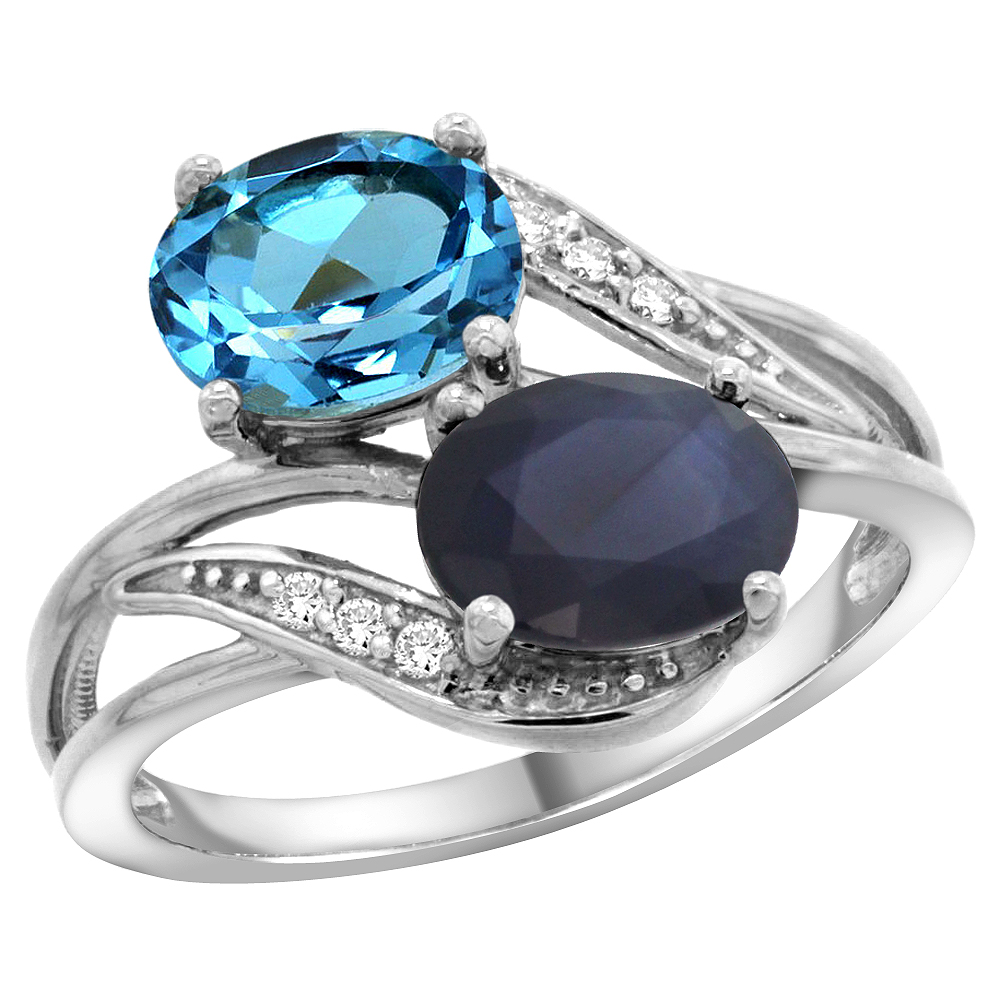 14K WHITE GOLD DIAMOND NATURAL SWISS BLUE TOPAZ & QUALITY BLUE SAPPHIRE 2-STONE RING OVAL 8X6MM, SIZE5-10