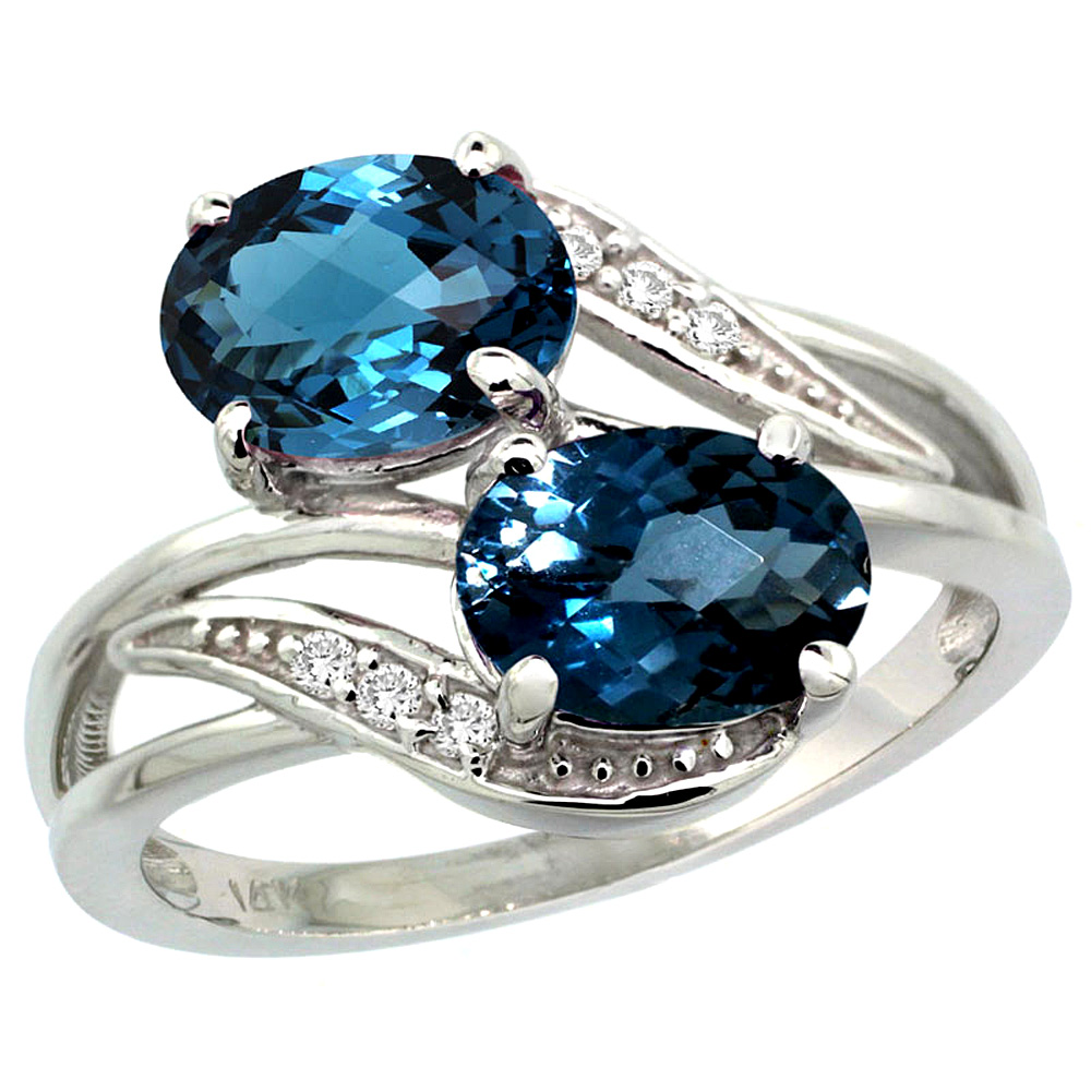10K White Gold Diamond Natural London Blue Topaz 2-stone Ring Oval 8x6mm, sizes 5 - 10