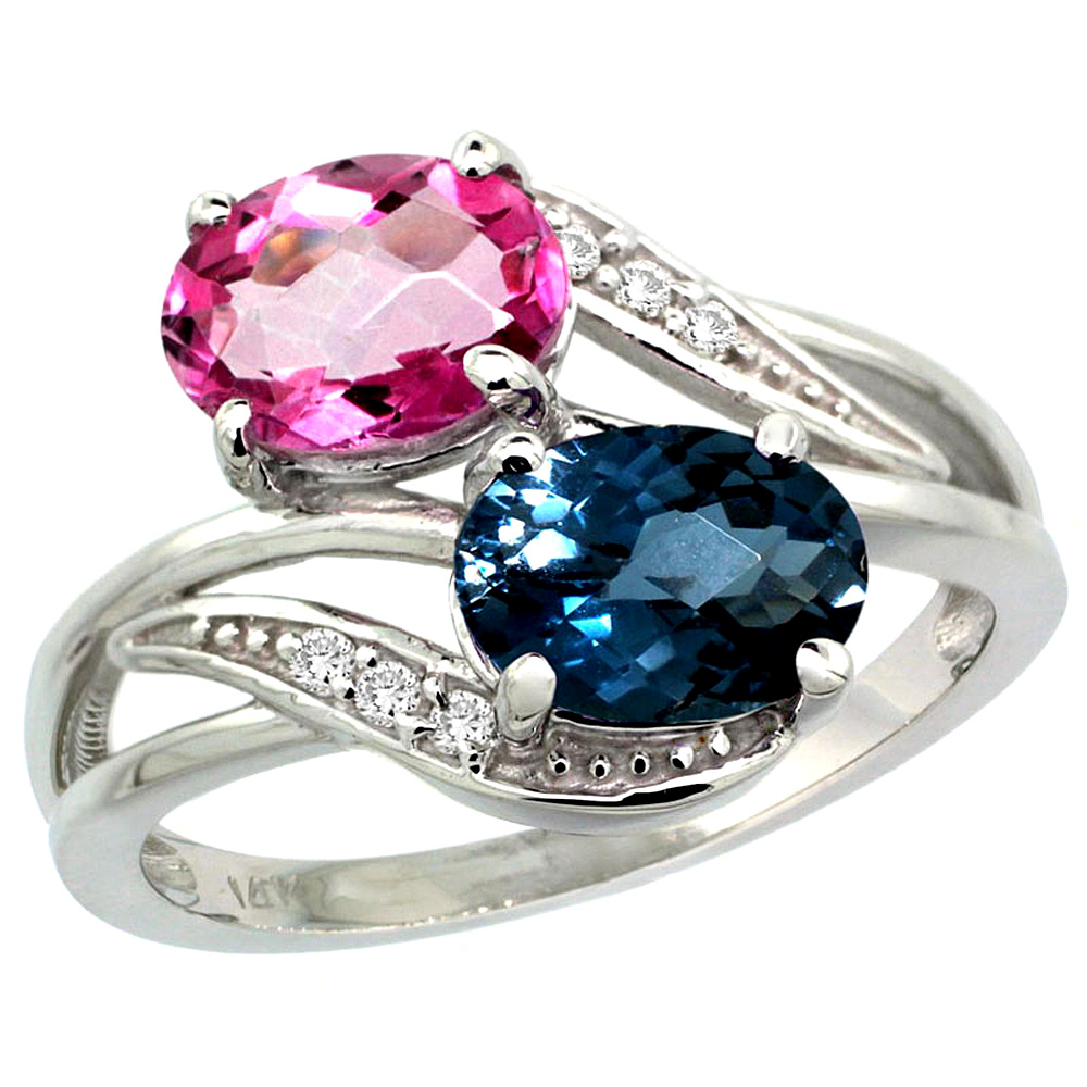 14K White Gold Diamond Natural London Blue &amp; Pink Topaz 2-stone Ring Oval 8x6mm, sizes 5 - 10