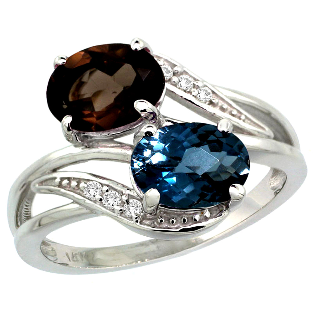 14K White Gold Diamond Natural London Blue &amp; Smoky Topaz 2-stone Ring Oval 8x6mm, sizes 5 - 10