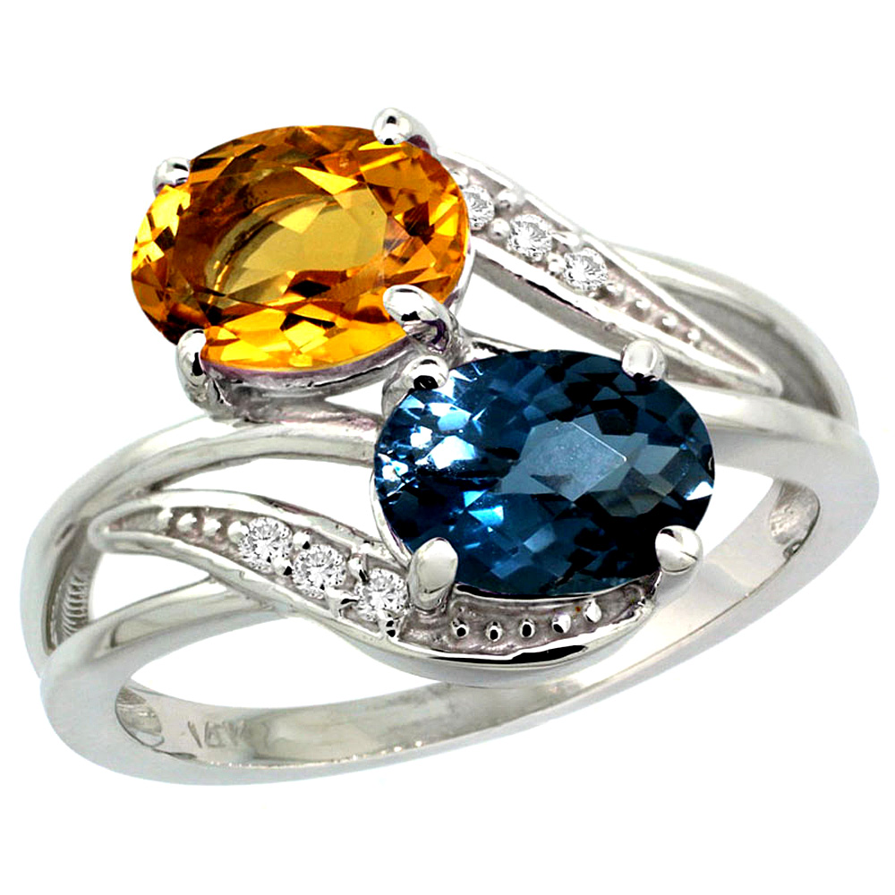 14K WHITE GOLD DIAMOND NATURAL LONDON BLUE TOPAZ & CITRINE 2-STONE RING OVAL 8X6MM, SIZES 5 - 10