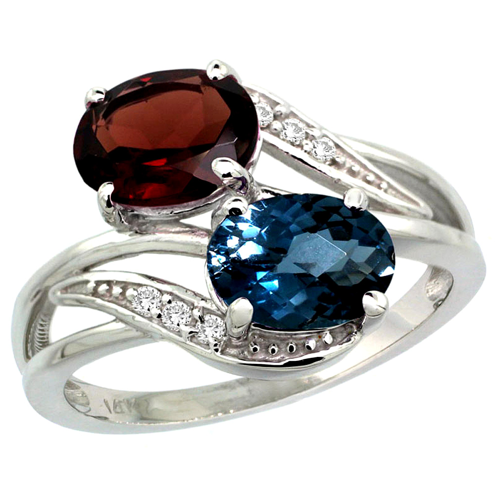 14K WHITE GOLD DIAMOND NATURAL LONDON BLUE TOPAZ & GARNET 2-STONE RING OVAL 8X6MM, SIZES 5 - 10