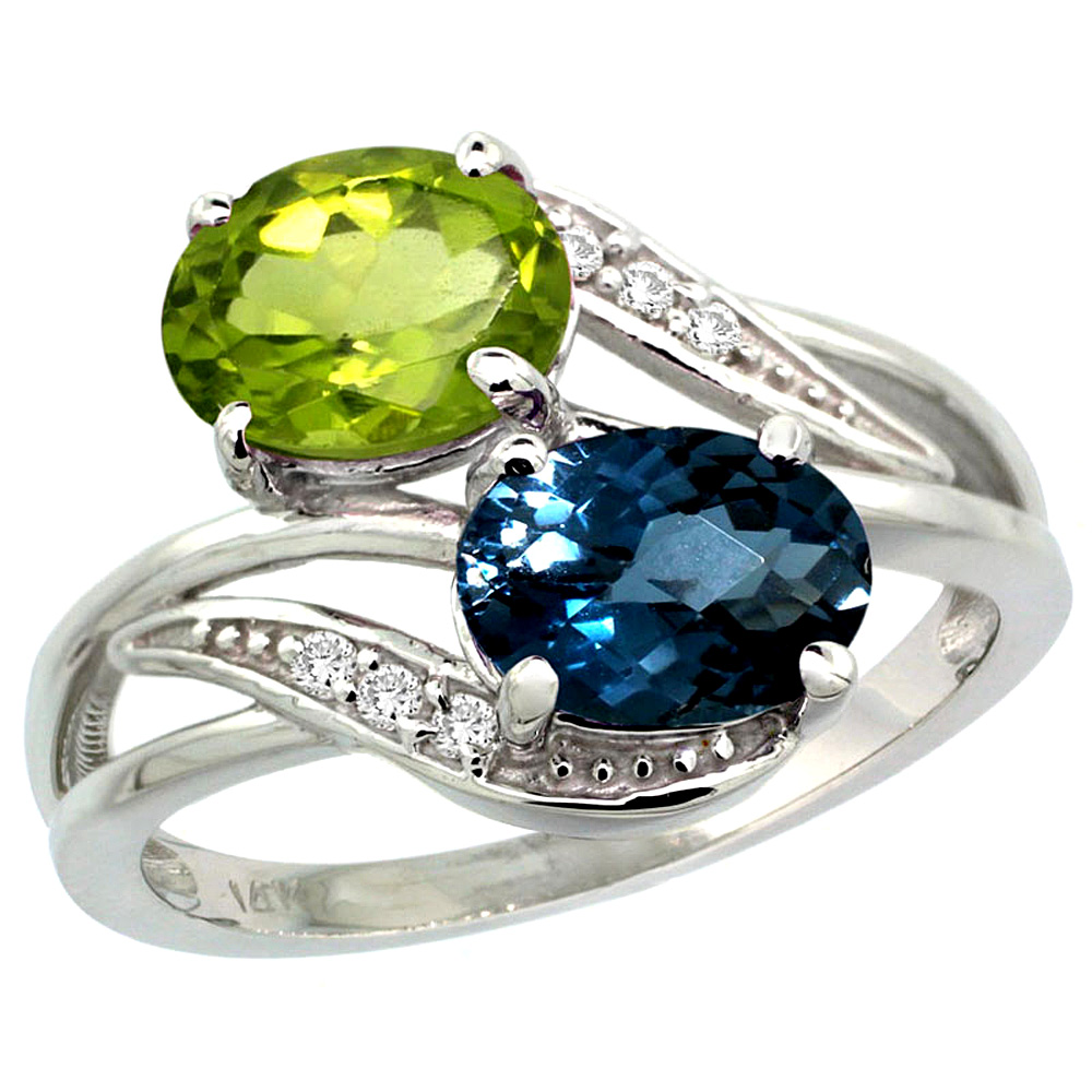 14K WHITE GOLD DIAMOND NATURAL LONDON BLUE TOPAZ & PERIDOT 2-STONE RING OVAL 8X6MM, SIZES 5 - 10