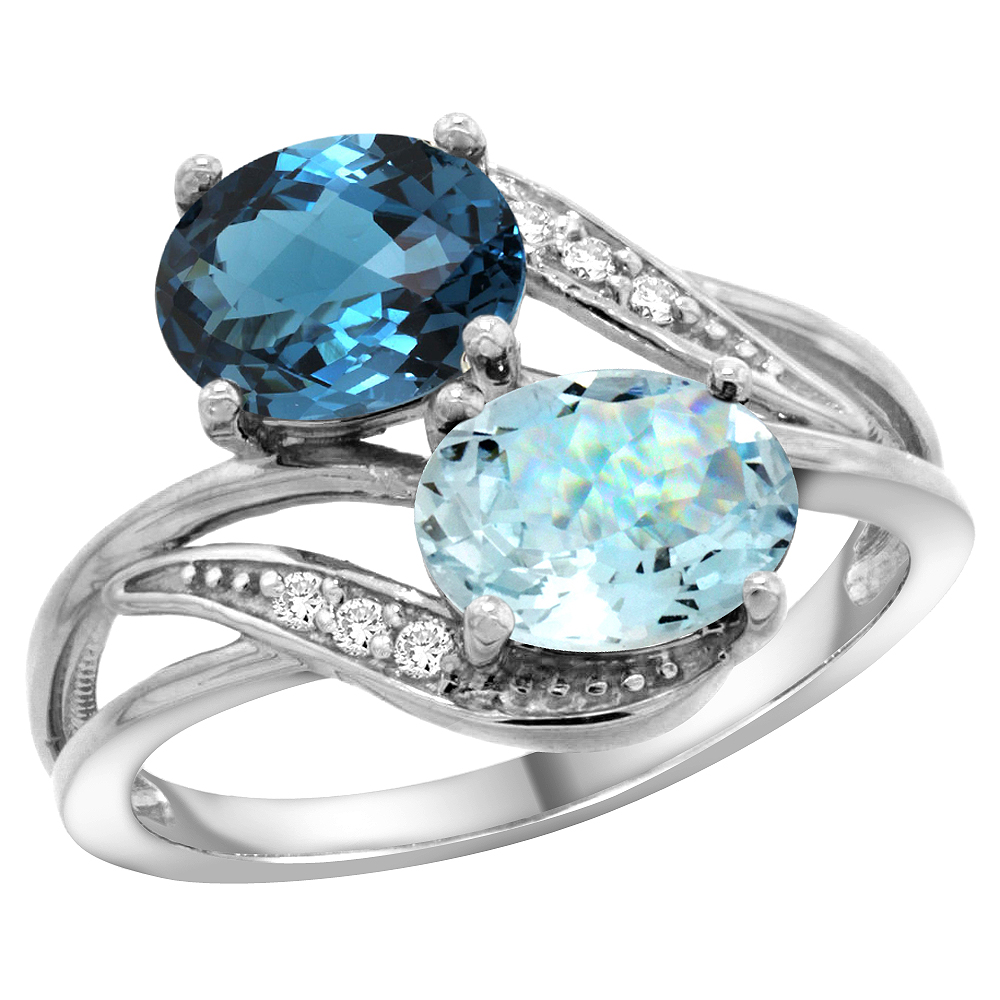 14K White Gold Diamond Natural London Blue Topaz &amp; Aquamarine 2-stone Ring Oval 8x6mm, sizes 5 - 10