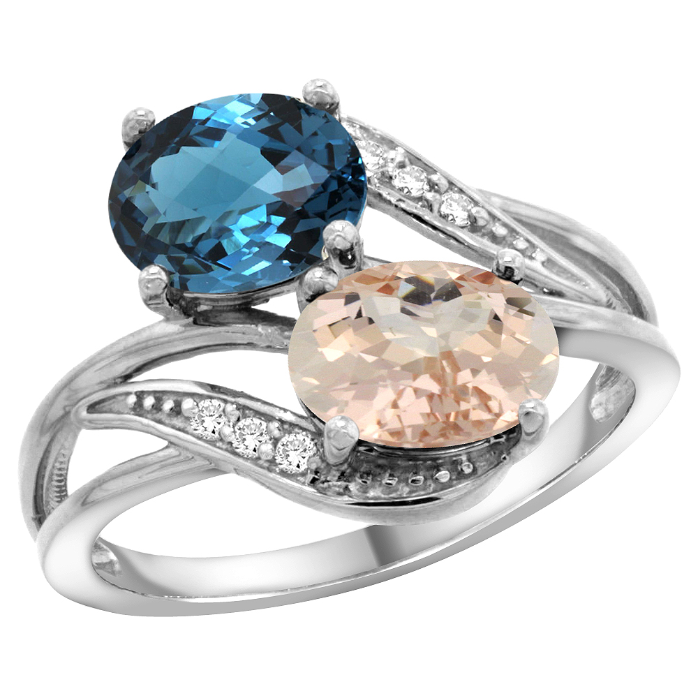 14K WHITE GOLD DIAMOND NATURAL LONDON BLUE TOPAZ & MORGANITE 2-STONE RING OVAL 8X6MM, SIZES 5 - 10