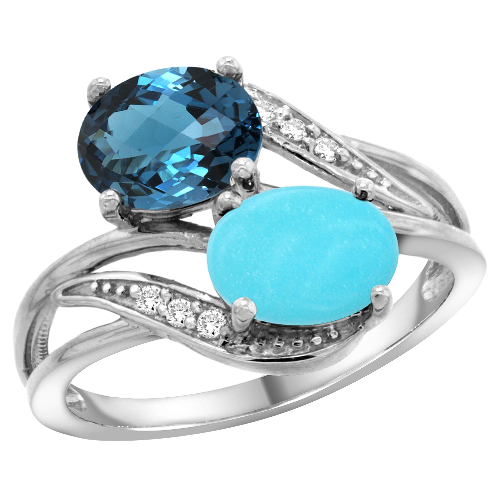 14K WHITE GOLD DIAMOND NATURAL LONDON BLUE TOPAZ & TURQUOISE 2-STONE RING OVAL 8X6MM, SIZES 5 - 10