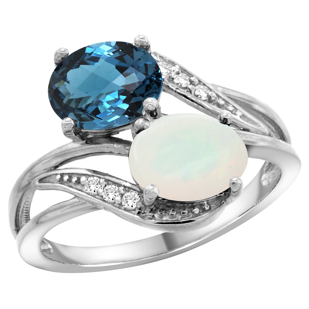 14K WHITE GOLD DIAMOND NATURAL LONDON BLUE TOPAZ & OPAL 2-STONE RING OVAL 8X6MM, SIZES 5 - 10