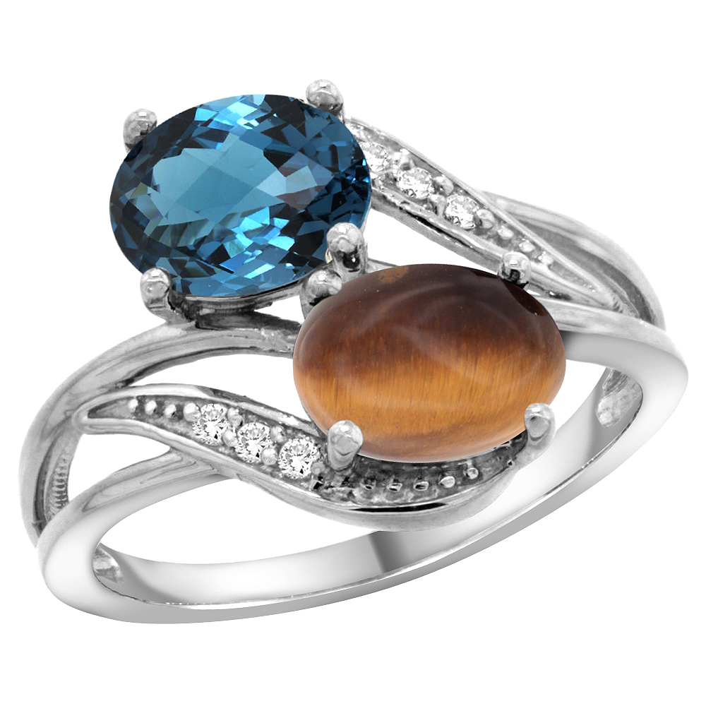 14K WHITE GOLD DIAMOND NATURAL LONDON BLUE TOPAZ & TIGER EYE 2-STONE RING OVAL 8X6MM, SIZES 5 - 10