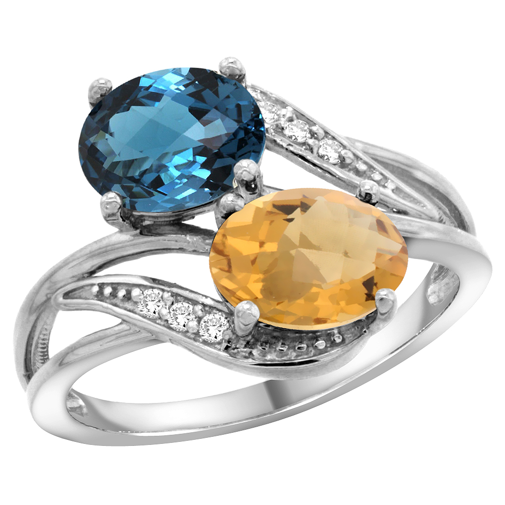 14K WHITE GOLD DIAMOND NATURAL LONDON BLUE TOPAZ & WHISKY QUARTZ 2-STONE RING OVAL 8X6MM, SIZES 5 - 10
