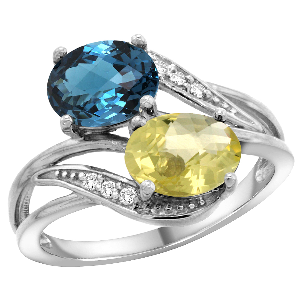 14K WHITE GOLD DIAMOND NATURAL LONDON BLUE TOPAZ & LEMON QUARTZ 2-STONE RING OVAL 8X6MM, SIZES 5 - 10