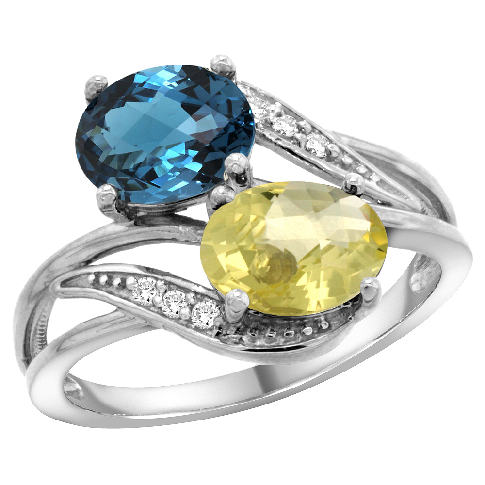 10K White Gold Diamond Natural London Blue Topaz & Lemon Quartz 2-stone Ring Oval 8x6mm, sizes 5 - 10