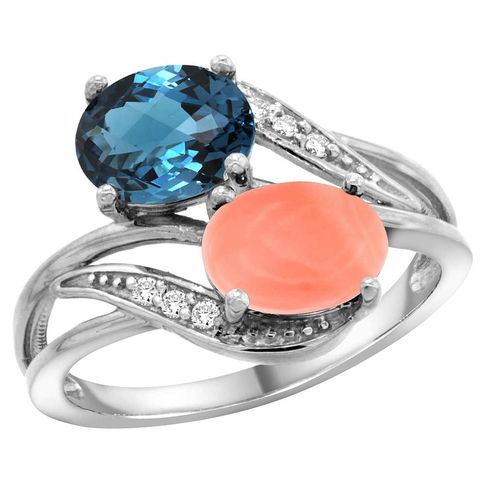 14K WHITE GOLD DIAMOND NATURAL LONDON BLUE TOPAZ & CORAL 2-STONE RING OVAL 8X6MM, SIZES 5 - 10