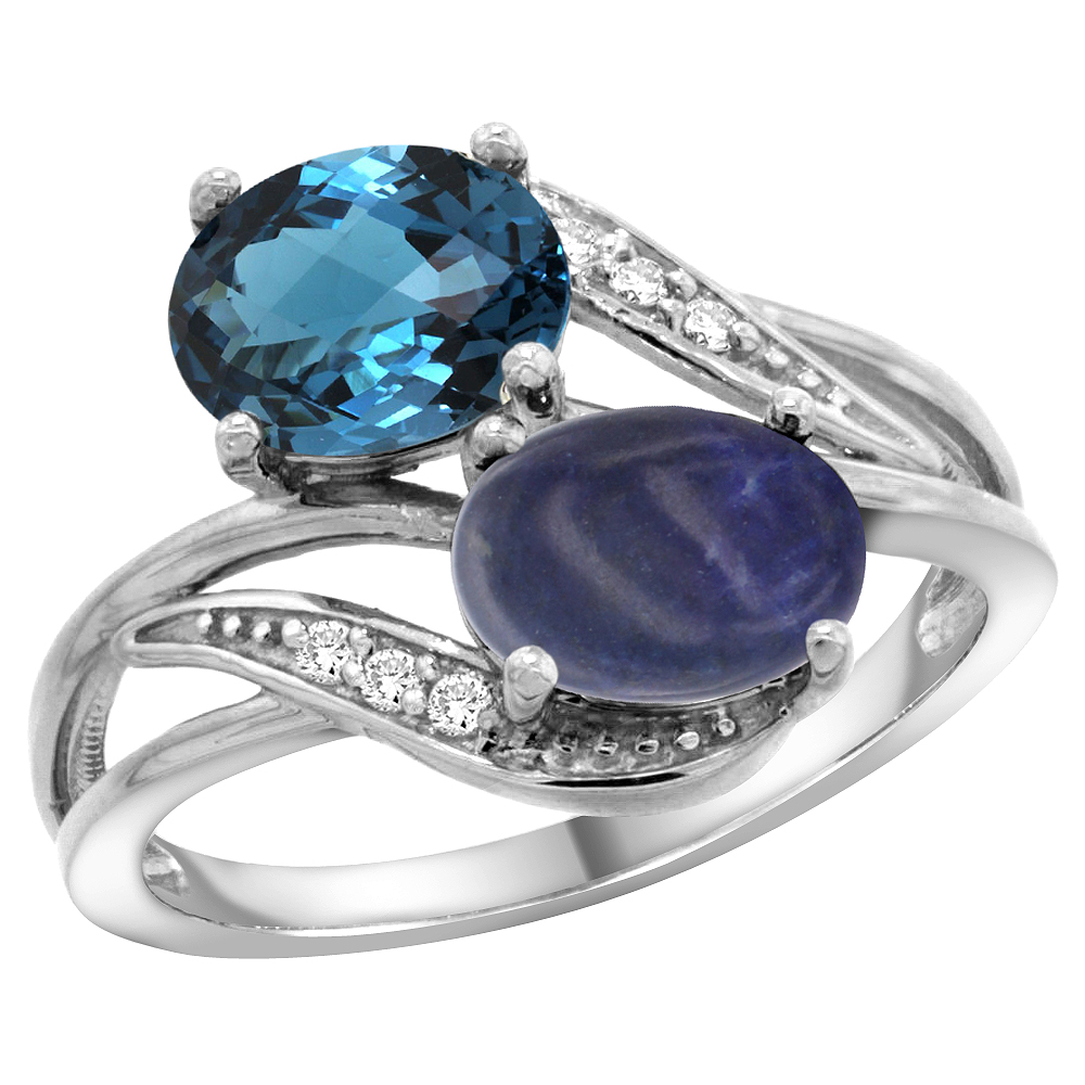 14K WHITE GOLD DIAMOND NATURAL LONDON BLUE TOPAZ & LAPIS 2-STONE RING OVAL 8X6MM, SIZES 5 - 10