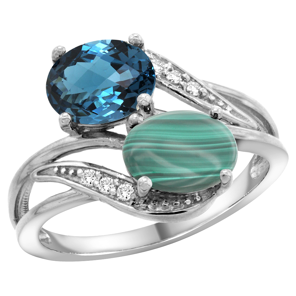 14K WHITE GOLD DIAMOND NATURAL LONDON BLUE TOPAZ & MALACHITE 2-STONE RING OVAL 8X6MM, SIZES 5 - 10